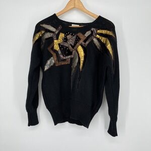Vintage Susann D Embellished Beaded Velvet Sweater Knit Black Gold Size M‎ Artsy